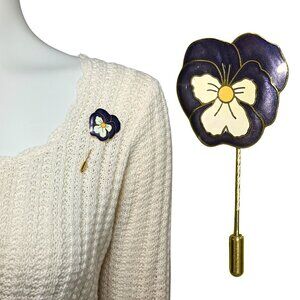 Vintage 70s Pansy Cloisonné Enamel Purple Flower Gold Tone Stick Pin Retro 2.5”